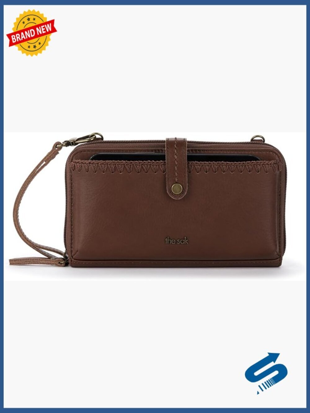 Leather smartphone crossbody purse with wristlet, zip closure, 3 pockets